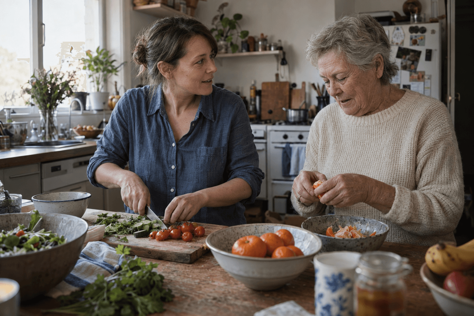 A mother and daughter sharing an ordinary moment while preparing lunch