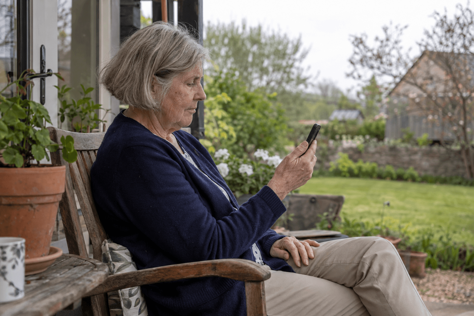 An older woman reading a text on her phone on her garden porch